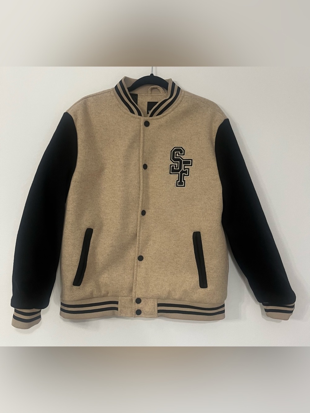Stone Falcon Varsity Jacket Sand/Black - Size L - NWT